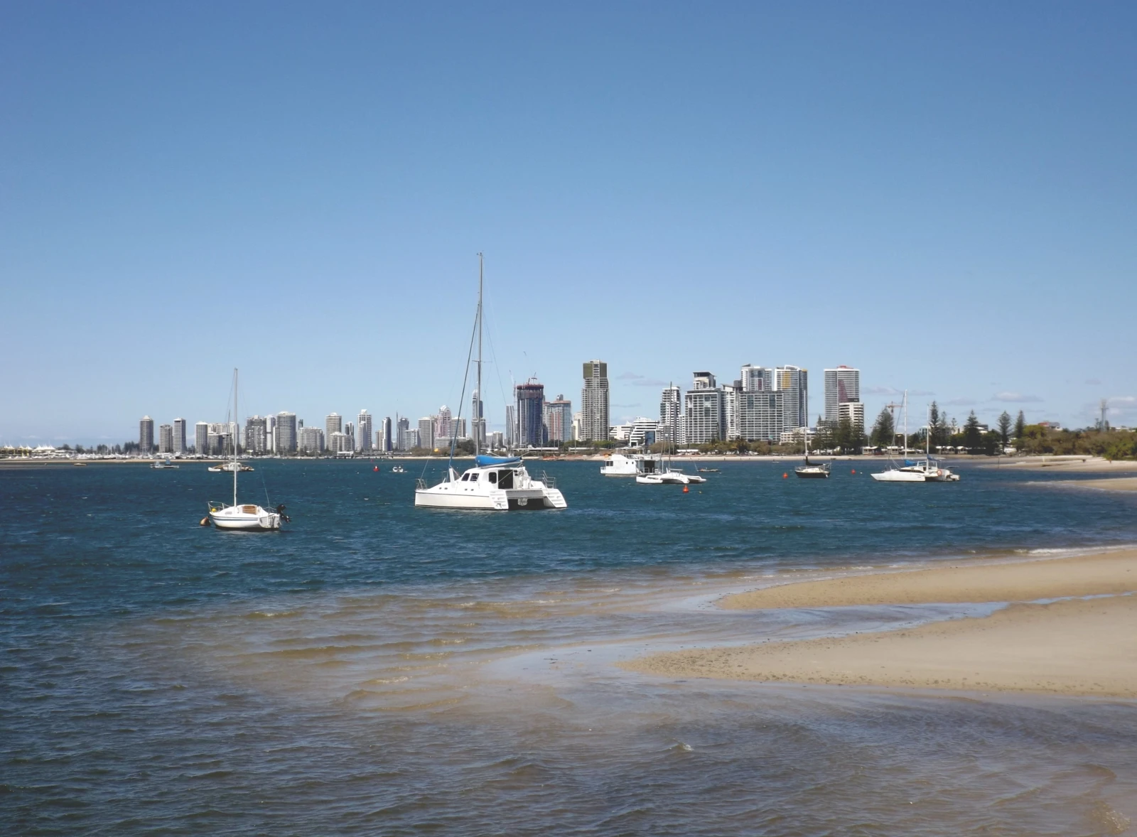 Boats on the Broadwater viewed from the Labrador foreshore towards Southport