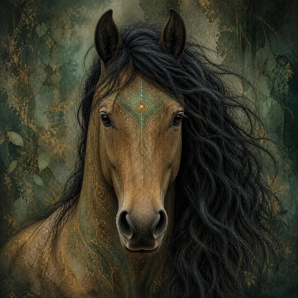 A soulful horse with a long dark mane, a visible crown chakra and layered green-and-gold artwork